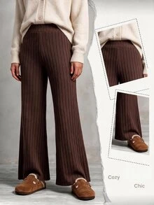 SHEIN LUNE CURVE Plus Size Coffee Brown Vertical Ribbed Knit Wide Leg Pants For Women, High Waist Elastic Drape Floor Length Long Pants, Soft Flattering Casual Knit Trousers For Autumn/Winter - Coffee Brown - View 1