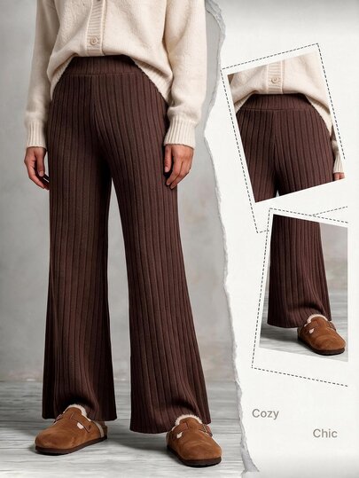 SHEIN LUNE CURVE Plus Size Coffee Brown Vertical Ribbed Knit Wide Leg Pants For Women, High Waist Elastic Drape Floor Length Long Pants, Soft Flattering Casual Knit Trousers For Autumn/Winter
