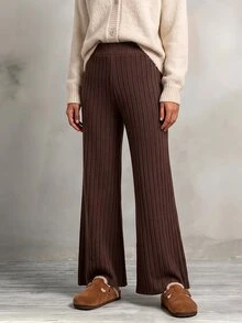 SHEIN LUNE CURVE Plus Size Coffee Brown Vertical Ribbed Knit Wide Leg Pants For Women, High Waist Elastic Drape Floor Length Long Pants, Soft Flattering Casual Knit Trousers For Autumn/Winter - Coffee Brown - View 4