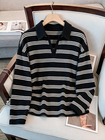 GlowEve CURVE Suéter de punto de cuello en V negro y blanco para mujer talla grande, holgado, hombros caídos, manga larga, casual elegante, capa base, clásico retro, pullover de otoño
