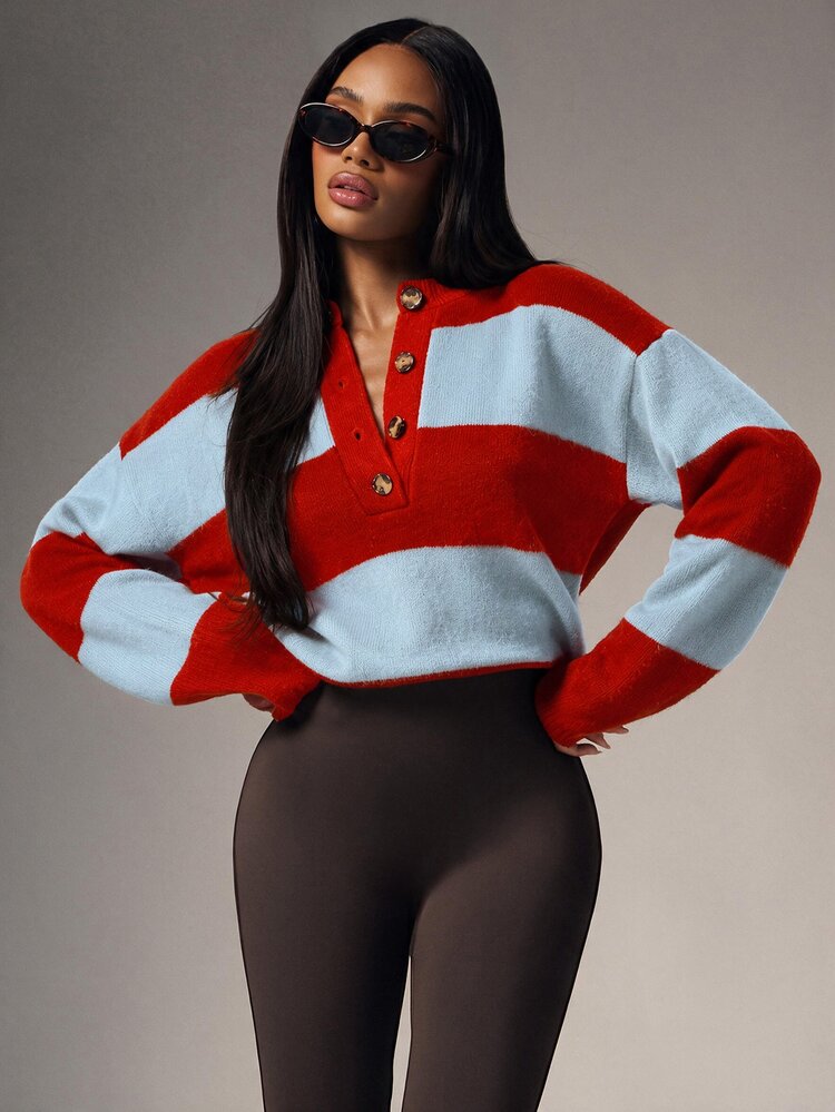Denimoi Women Vintage Contrast Striped Knit Sweater Half Button Crew Neck Drop Shoulder Oversized Long Sleev - Red - View 1