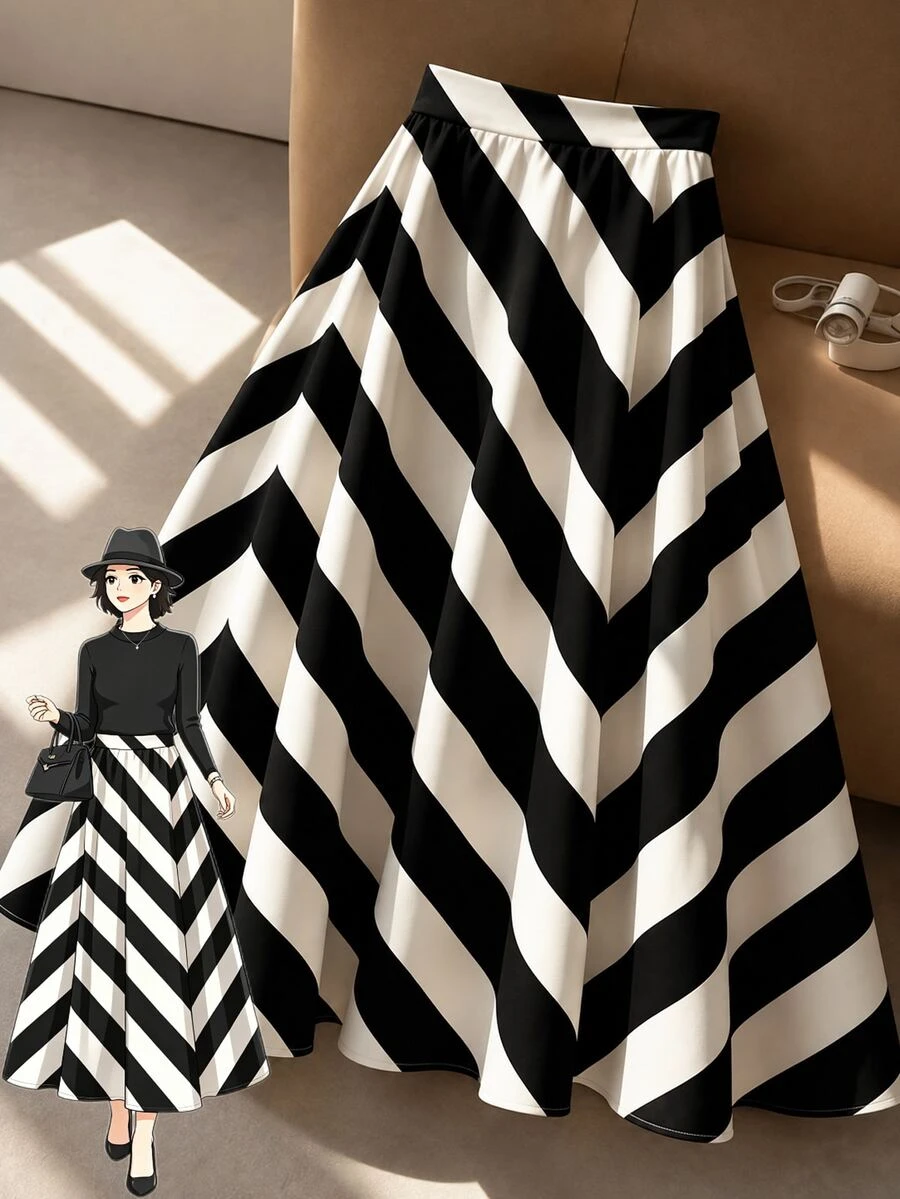 GlowEve CURVE Plus-Size Women's Autumn Collection: Elegant Skirts, A-Line Skirts, Wedding & Party Skirts, Halloween Costumes, Black Skirts,Suitable For DailyCommute - Black and White - View 1