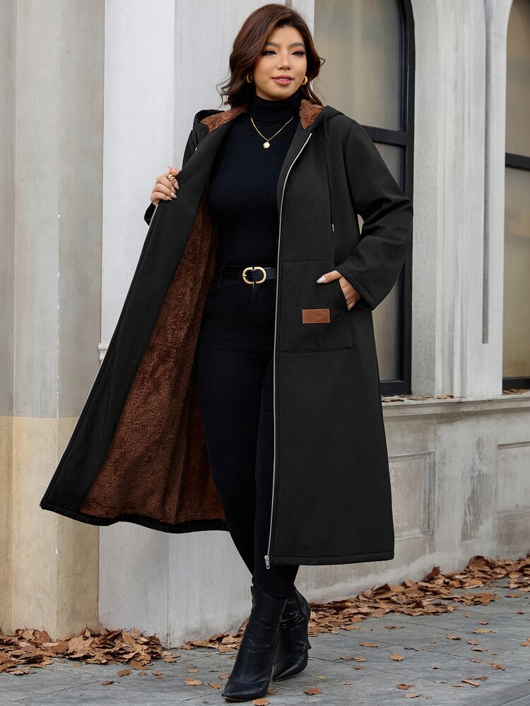 Reflora Plus Zip Up Hooded Coat Autumn Office Holiday Club Family Vacation Brown Casual Baggy Gothic Winter - Black - View 14