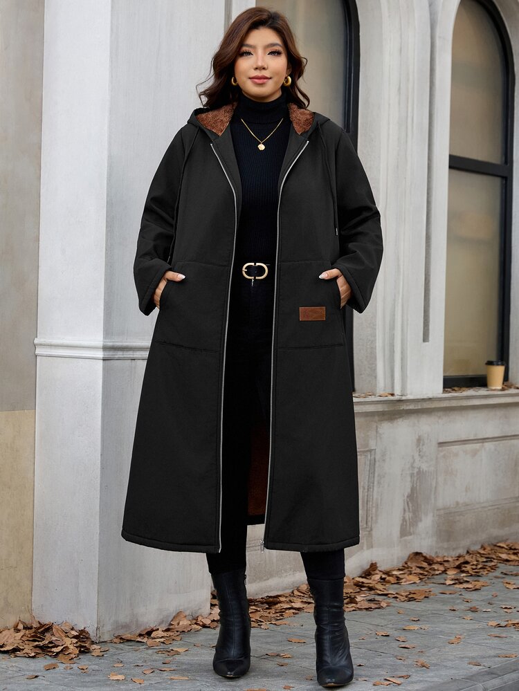 Reflora Plus Zip Up Hooded Coat Autumn Office Holiday Club Family Vacation Brown Casual Baggy Gothic Winter - Black - View 10