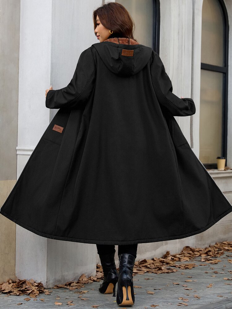 Reflora Plus Zip Up Hooded Coat Autumn Office Holiday Club Family Vacation Brown Casual Baggy Gothic Winter - Black - View 5