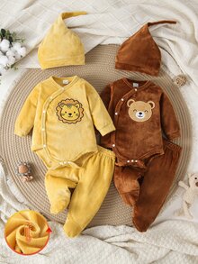 SHEIN Vintaside Kids 秋冬款 2 套新生兒嬰兒連身衣與帽子套裝，趣味卡通圖案設計，孩子喜愛，保暖內裡厚實柔軟親膚布料，適合居家穿著 - 彩色 - 查看 1