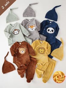 SHEIN Vintaside Kids 秋冬款 2 套新生兒嬰兒連身衣與帽子套裝，趣味卡通圖案設計，孩子喜愛，保暖內裡厚實柔軟親膚布料，適合居家穿著 - 彩色 - 查看 3