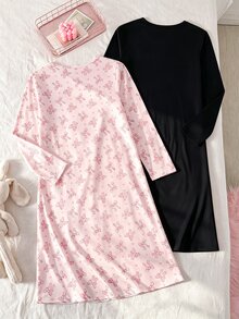 2件組女童大童睡衣 長袖套頭睡袍 休閒AB條紋蝴蝶結印花睡衣 - 黑色 - 查看 2