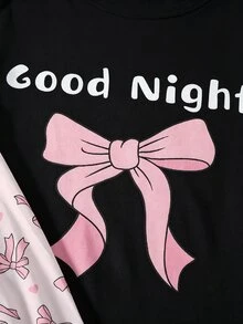 2件組女童大童睡衣 長袖套頭睡袍 休閒AB條紋蝴蝶結印花睡衣 - 黑色 - 查看 6