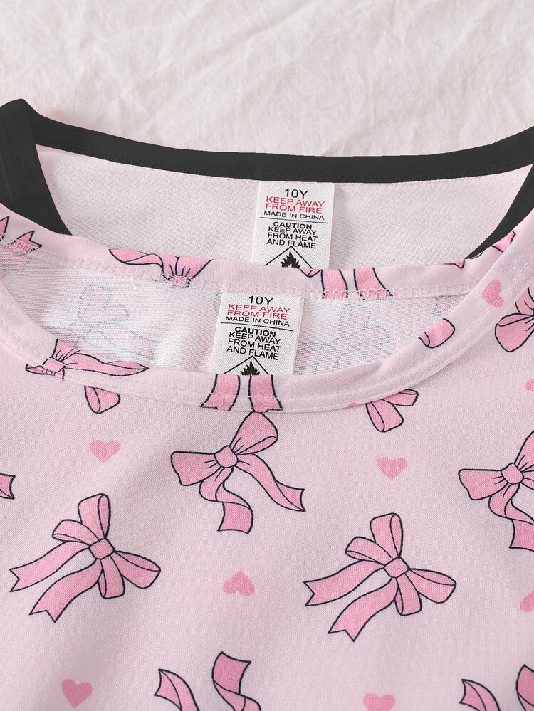 2pcs/Pack Girls Children Big Tween Girl Loungewear Long Sleeve Pullover Nightgown Casual AB Stripe Bow Print Pajamas - Black - View 8