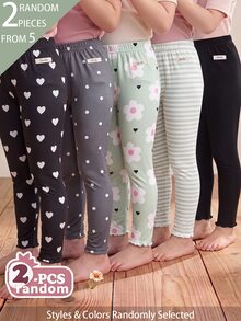 Souflis Souflis [2pcs Randomly Sent]5pcs Randomly Sent 2pcs Spring Four Seasons Girls Polka Dot Heart Stripe Floral Sweet Cute Versatile Soft Comfortable Ribbed Ribbed Knit Leggings Multi-Piece Set - Multicolor - View 1