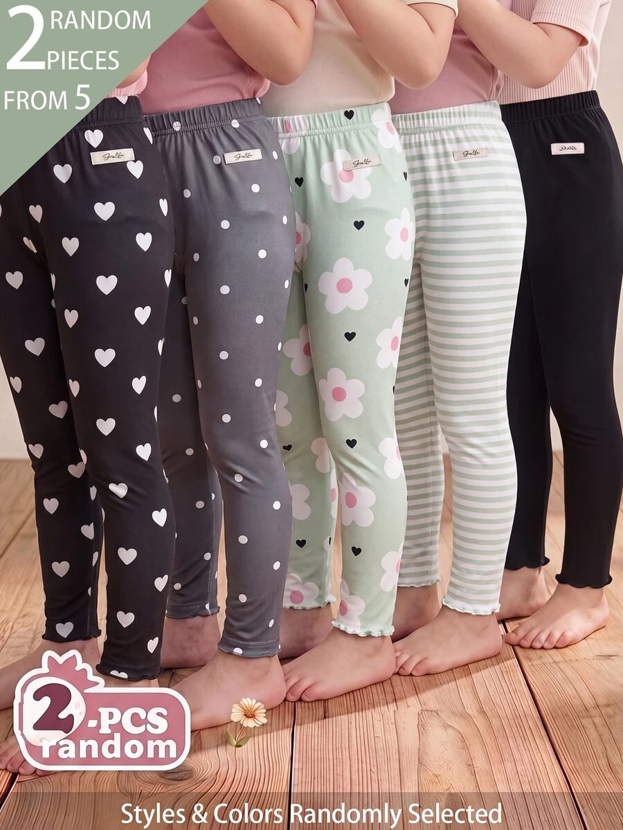 Souflis Souflis [2pcs Randomly Sent]5pcs Randomly Sent 2pcs Spring Four Seasons Girls Polka Dot Heart Stripe Floral Sweet Cute Versatile Soft Comfortable Ribbed Ribbed Knit Leggings Multi-Piece Set - Multicolor - View 1