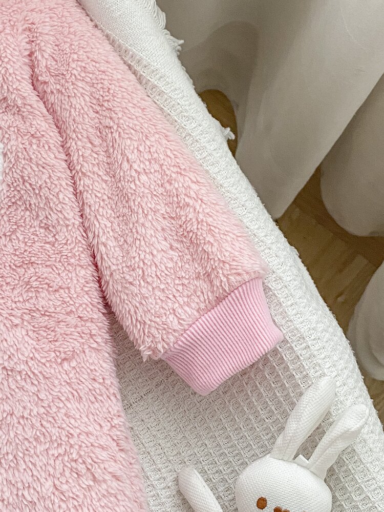 Set Romper Lengan Panjang Hangat Motif Beruang & Kucing Merah Muda untuk Bayi Perempuan Baru Lahir yang Nyaman, Cocok untuk Musim Gugur dan Musim Dingin - Baby Pink - View 4