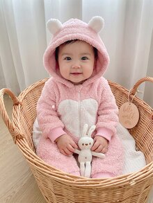 Set Romper Lengan Panjang Hangat Motif Beruang & Kucing Merah Muda untuk Bayi Perempuan Baru Lahir yang Nyaman, Cocok untuk Musim Gugur dan Musim Dingin - Baby Pink - View 6