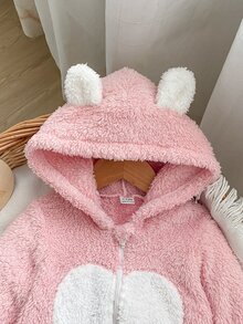 Set Romper Lengan Panjang Hangat Motif Beruang & Kucing Merah Muda untuk Bayi Perempuan Baru Lahir yang Nyaman, Cocok untuk Musim Gugur dan Musim Dingin - Baby Pink - View 3