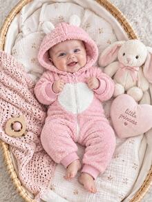 Set Romper Lengan Panjang Hangat Motif Beruang & Kucing Merah Muda untuk Bayi Perempuan Baru Lahir yang Nyaman, Cocok untuk Musim Gugur dan Musim Dingin - Baby Pink - View 9