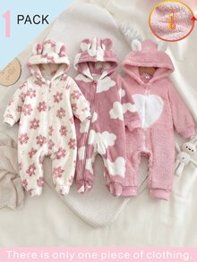 Set Romper Lengan Panjang Hangat Motif Beruang & Kucing Merah Muda untuk Bayi Perempuan Baru Lahir yang Nyaman, Cocok untuk Musim Gugur dan Musim Dingin - Baby Pink - View 1