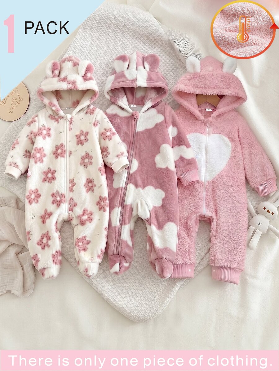 Set Romper Lengan Panjang Hangat Motif Beruang & Kucing Merah Muda untuk Bayi Perempuan Baru Lahir yang Nyaman, Cocok untuk Musim Gugur dan Musim Dingin - Baby Pink - View 1