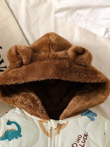 SHEIN Playful Pals 嬰兒中性冬季棕色與杏色恐龍連帽長袖毛絨熊耳連身衣 - 棕色 - 查看 7