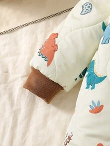 SHEIN Playful Pals 嬰兒中性冬季棕色與杏色恐龍連帽長袖毛絨熊耳連身衣 - 棕色 - 查看 8