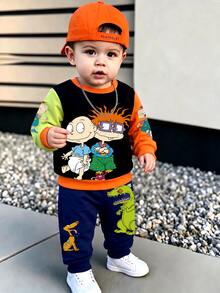 Nick 90s | SHEIN Rugrats Boys Casual 2 Pieces Outfit, Cartoon Character Dinosaur Print Colorblock Long Sleeve Sweatshirt And Joggers - Navy Blue - View 1