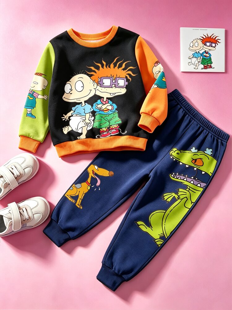 Nick 90s | SHEIN Rugrats Boys Casual 2 Pieces Outfit, Cartoon Character Dinosaur Print Colorblock Long Sleeve Sweatshirt And Joggers - Navy Blue - View 3