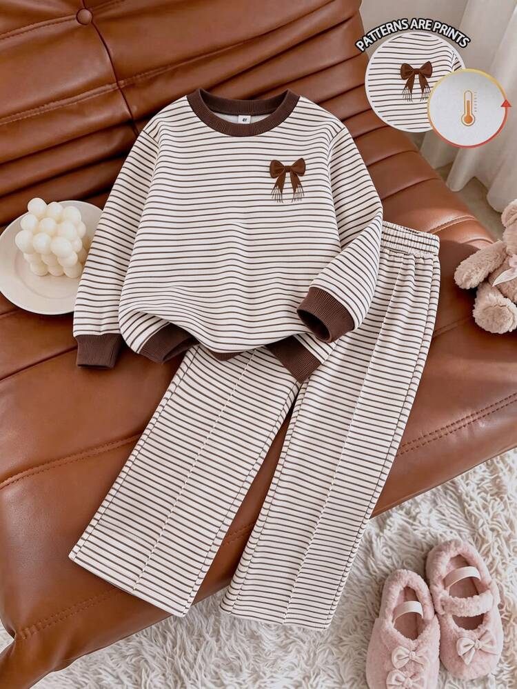 Young Girl Fashion Casual Striped Bow Faux Embroidery Print Crew Neck Long Sleeve Sweatshirt And Striped Print Long Pants Set, Soft Fabric, Suitable For Outings In Autumn/Winter - Multicolor - View 1