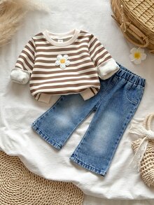 Vintaside Kids 2pcs Toddler Baby Girl Sweatshirt Jeans Cute Sweet Brown Blue Striped Flower Embroidery Long Sleeve Round Neck Thick Holiday Fall Jumpers Sweaters - Multicolor - View 3