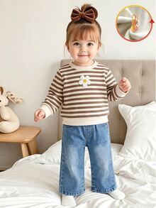 Vintaside Kids 2pcs Toddler Baby Girl Sweatshirt Jeans Cute Sweet Brown Blue Striped Flower Embroidery Long Sleeve Round Neck Thick Holiday Fall Jumpers Sweaters - Multicolor - View 5