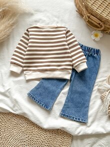 Vintaside Kids 2pcs Toddler Baby Girl Sweatshirt Jeans Cute Sweet Brown Blue Striped Flower Embroidery Long Sleeve Round Neck Thick Holiday Fall Jumpers Sweaters - Multicolor - View 2