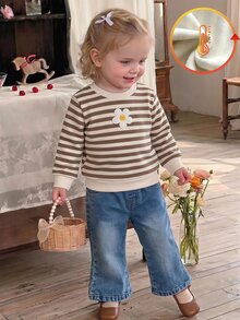 Vintaside Kids 2pcs Toddler Baby Girl Sweatshirt Jeans Cute Sweet Brown Blue Striped Flower Embroidery Long Sleeve Round Neck Thick Holiday Fall Jumpers Sweaters - Multicolor - View 4