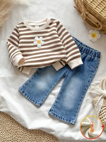 Vintaside Kids 2pcs Toddler Baby Girl Sweatshirt Jeans Cute Sweet Brown Blue Striped Flower Embroidery Long Sleeve Round Neck Thick Holiday Fall Jumpers Sweaters - Multicolor - View 6