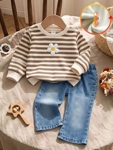 Vintaside Kids 2pcs Toddler Baby Girl Sweatshirt Jeans Cute Sweet Brown Blue Striped Flower Embroidery Long Sleeve Round Neck Thick Holiday Fall Jumpers Sweaters - Multicolor - View 1