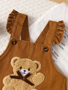 SHEIN Vintaside Kids 1件女嬰棕色牛仔休閒可愛刺繡熊圖案吊帶連身褲，適合外出與派對，秋冬款 - 棕色 - 查看 9