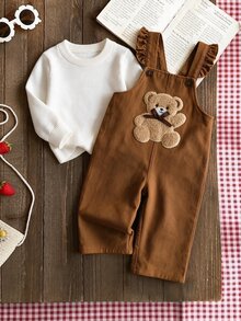 SHEIN Vintaside Kids 1件女嬰棕色牛仔休閒可愛刺繡熊圖案吊帶連身褲，適合外出與派對，秋冬款 - 棕色 - 查看 1