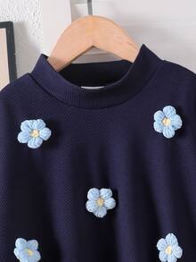 SHEIN 女童2件套，3D貼花裝飾長袖不對稱下擺上衣 + 仿皮草拼接喇叭褲，棕色羅紋針織，嬰兒生日秋季穿搭 - 藏蓝色 - 查看 9