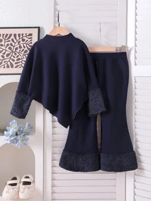 SHEIN 女童2件套，3D貼花裝飾長袖不對稱下擺上衣 + 仿皮草拼接喇叭褲，棕色羅紋針織，嬰兒生日秋季穿搭 - 藏蓝色 - 查看 2