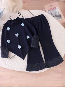SHEIN 女童2件套，3D貼花裝飾長袖不對稱下擺上衣 + 仿皮草拼接喇叭褲，棕色羅紋針織，嬰兒生日秋季穿搭 - 藏蓝色 - 查看 8