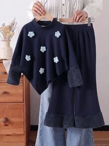SHEIN 女童2件套，3D貼花裝飾長袖不對稱下擺上衣 + 仿皮草拼接喇叭褲，棕色羅紋針織，嬰兒生日秋季穿搭 - 藏蓝色 - 查看 4