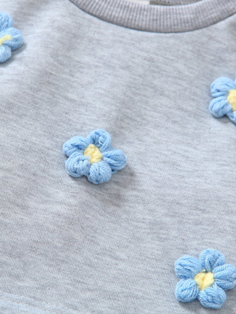 Elladie kids 2Pcs Young Girls Outfit Set, 3D Flower Applique Fake Two-Piece Sweatshirt & Wide Leg Pants, Casual Young Girl Spring Matching Outfit - Grey - View 5