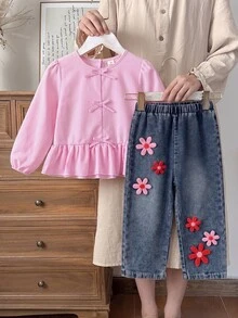 Elladie kids 甜美鄉村風秋季女童幼兒紫色蝴蝶結長袖上衣與刺繡花卉裝飾牛仔褲 2 件套 7 歲生日外出穿搭 - 粉色 - 查看 10