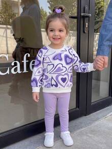 Baby Girls Cute Casual Preppy Style Heart Print Long Sleeve Top And Pants 2 Pieces Set - Purple - View 3