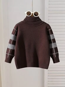 SHEIN Playful Pals 男童休閒戶外度假卡其色條紋提花高領套頭毛衣 秋冬款 - 棕色 - 查看 2