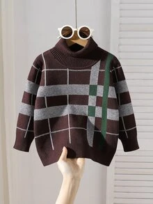 SHEIN Playful Pals 男童休閒戶外度假卡其色條紋提花高領套頭毛衣 秋冬款 - 棕色 - 查看 1