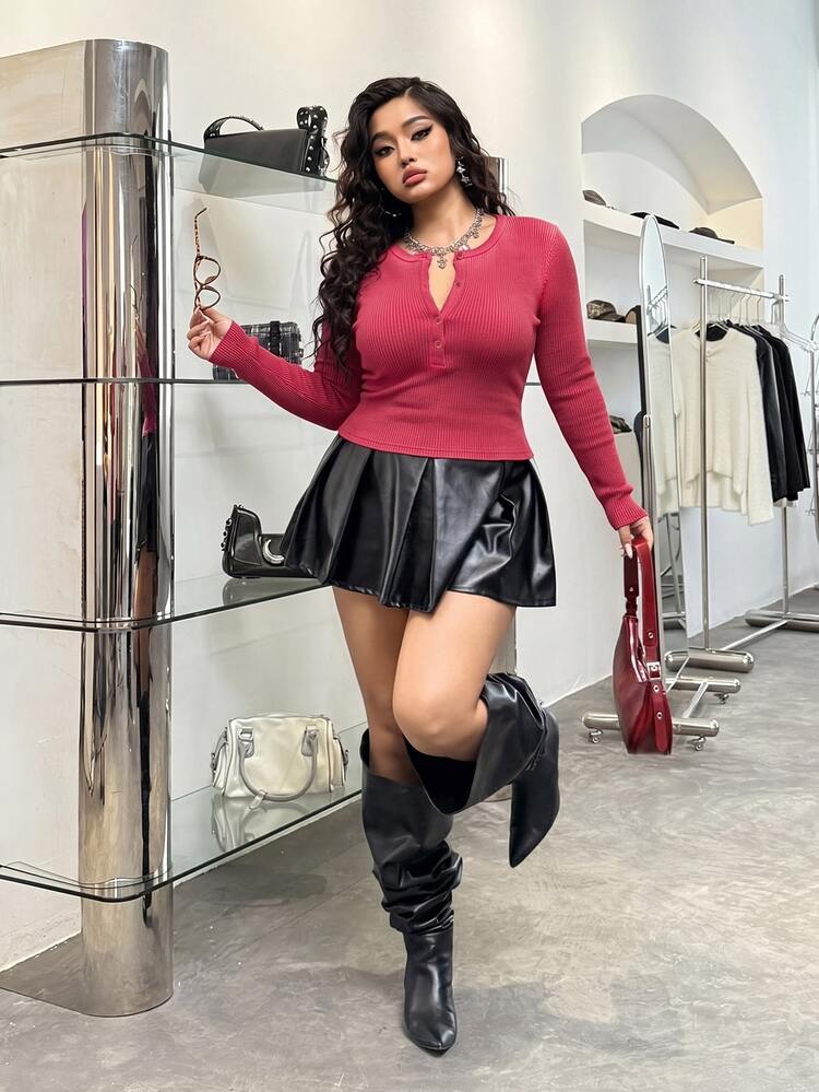 GalTyme Plus Size Women's Autumn/Winter Vintage Distressed Acid Wash Crew Neck Half-Button Long Sleeve T-Shirt Fall - Burgundy - View 6