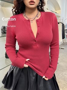 GalTyme Plus Size Women's Autumn/Winter Vintage Distressed Acid Wash Crew Neck Half-Button Long Sleeve T-Shirt Fall - Burgundy - View 1