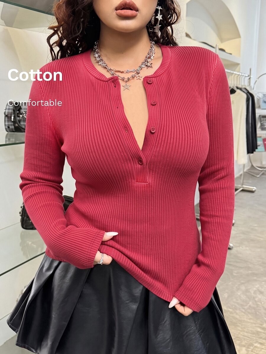 GalTyme Plus Size Women's Autumn/Winter Vintage Distressed Acid Wash Crew Neck Half-Button Long Sleeve T-Shirt Fall - Burgundy - View 1