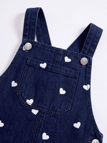 SHEIN 女童高品質愛心牛仔吊帶褲 4-7歲，百搭可愛校園休閒無袖連身褲 - 藏蓝色 - 查看 5