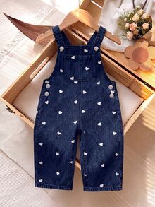 SHEIN 女童高品質愛心牛仔吊帶褲 4-7歲，百搭可愛校園休閒無袖連身褲 - 藏蓝色 - 查看 8