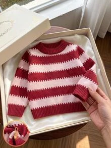 SHEIN 女嬰條紋圓領長袖休閒秋冬毛衣 - 粉色 - 查看 1